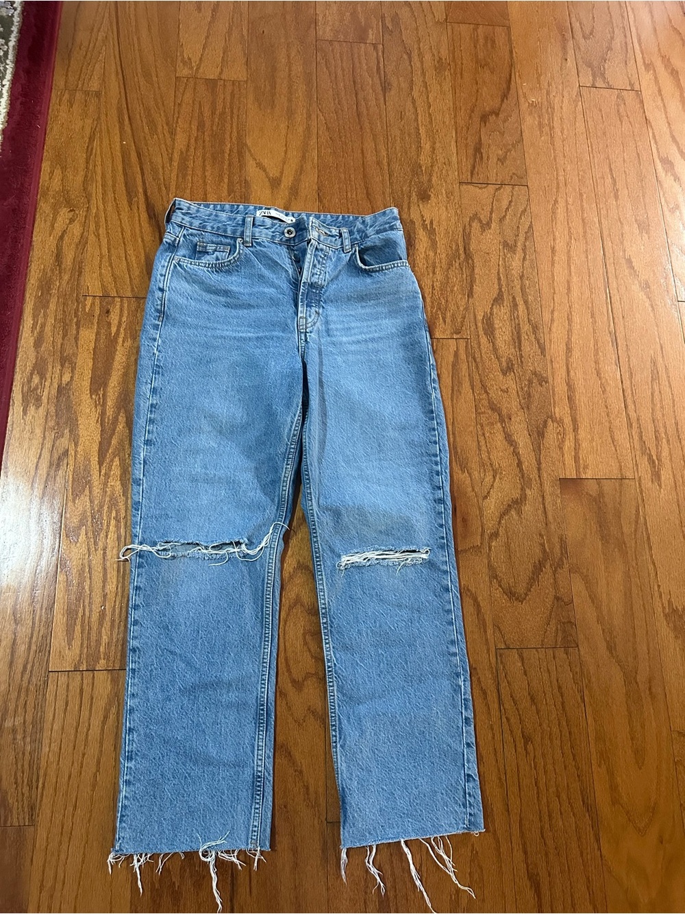 Zara Light Blue Straight-Leg Ripped Jeans